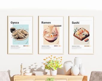 Japanese Food Poster Bundle | Set of 3 | Wall Art Decor | Minimalist Digital Prints | Ramen, Gyoza, Sushi | Art Illustration