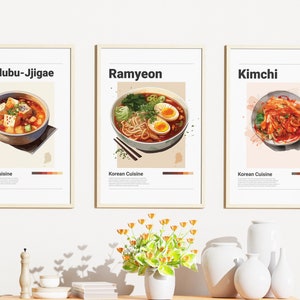 3er-Set Minimalistisches koreanisches Essen Poster Bundle | Wand Kunst Dekor | Digitaldrucke Poster | Ramyeon, Kimchi, Sundubu-Jjigae | Kunst Illustration