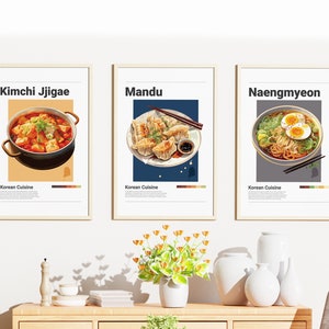 3er-Set Minimalistisches koreanisches Essen Poster Bundle | Wand Kunst Dekor | Digitaldrucke Poster | Kimchi Jjigae, Mandu, Naengmyeon | Kunst Illustration