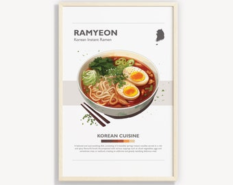 CARTEL DE RAMYEON COREANO / Decoración de pared minimalista de ramen / Ilustración de póster con impresiones digitales / Descarga instantánea