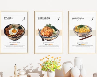 Set of 3 Minimalist Japanese Donburi Food Poster Bundle | Wall Art Decor | Instant Digital Prints Download | Gyudon, Katsudon, Oyakodon |