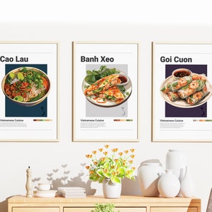 Vietnamese Food Poster Bundle | Set of 3 | Wall Art Decor | Minimalist Digital Prints | Cao Lau, Banh Xeo, Goi Cuon