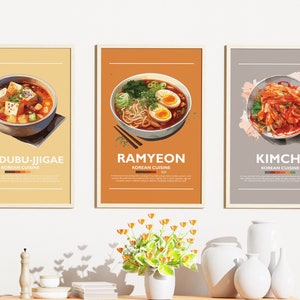 3er-Set Minimalistisches koreanisches Essen Poster Bundle | Wand Kunst Dekor | Digitaldrucke Poster | Ramyeon, Kimchi, Sundubu-Jjigae | Kunst Illustration