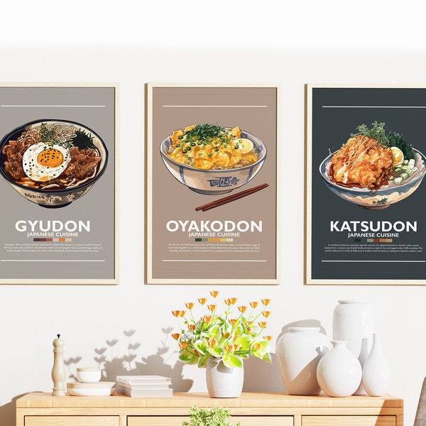 Set of 3 Minimalist Japanese Donburi Food Poster Bundle | Wall Art Decor | Digital Prints | Gyudon, Katsudon, Oyakodon | Art Illustration
