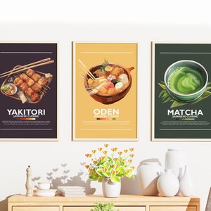 Japanese Food Poster Bundle | Set of 3 | Wall Art Decor | Minimalist Digital Prints | Yakitori, Matcha, Oden | Art Illustration