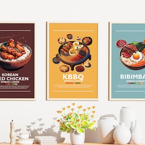 3er-Set Minimalistisches koreanisches Essen Poster Bundle | Wand Kunst Dekor | Digitaldrucke Poster | Brathähnchen, Bibimbap, KBBQ | Kunst Illustration