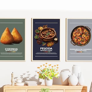 Set of 3 Minimalist BRAZILIAN FOOD POSTER Bundle | Wall Art Decor | Digital Prints Poster Feijoda, Coxinha, Moqueca de Camarao