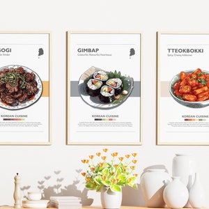 3er-Set Minimalistisches koreanisches Essen Poster Bundle | Wand Kunst Dekor | Digitaldrucke Poster | Bulgogi, Gimbap, Tteokbokki | Kunst Illustration