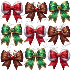 Peut inclure: Neuf nœuds de Noël décoratifs de différents modèles. Les nœuds sont rouges, verts et marron avec des effets de paillettes. Certains ont des bois de rennes et un nez rouge, d'autres ont une bordure en fausse fourrure blanche et des accents de bijoux. Pour les décorations de vacances.