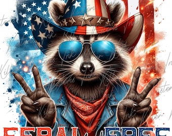Feral and Free Sublimation PNG, American Flag Racoon Digital Download, Red White and Blue PNG, Patriotic Stars and Stripes Print Design