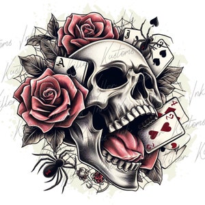 Design digitale di teschi e carte da gioco, download di sublimazione di ragni e rose, disegni per uomo e donna, asso e jolly in ragnatele PNG