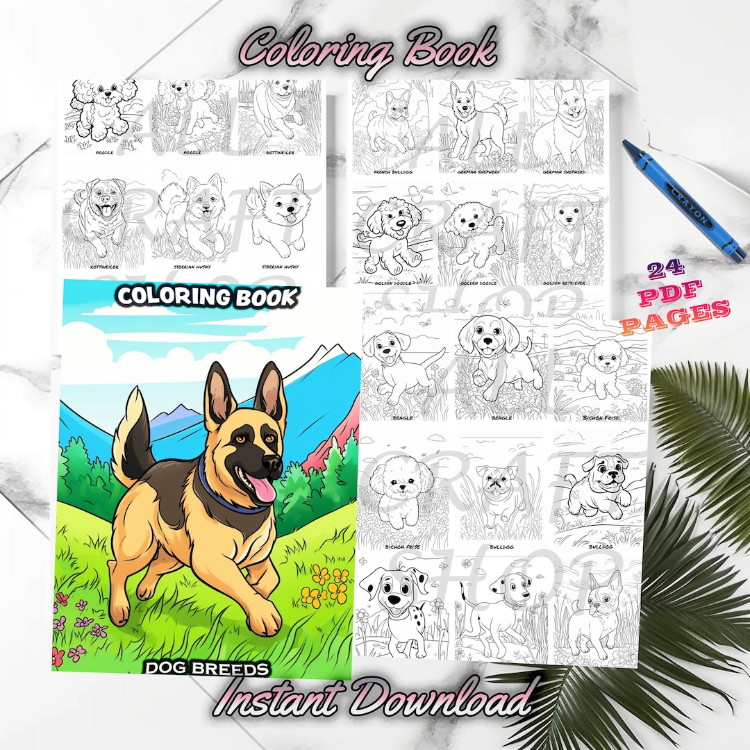 Dog Breed Coloring Book, Kids Instant Download grayscale Coloring Page ...