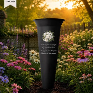 May include: A black conical memorial vase featuring a white floral graphic and the text: In loving memory of My Brother Paul, Always in our thoughts, Forever in our hearts. A banner in the upper left corner states 2 DESIGNS AVAILABLE.