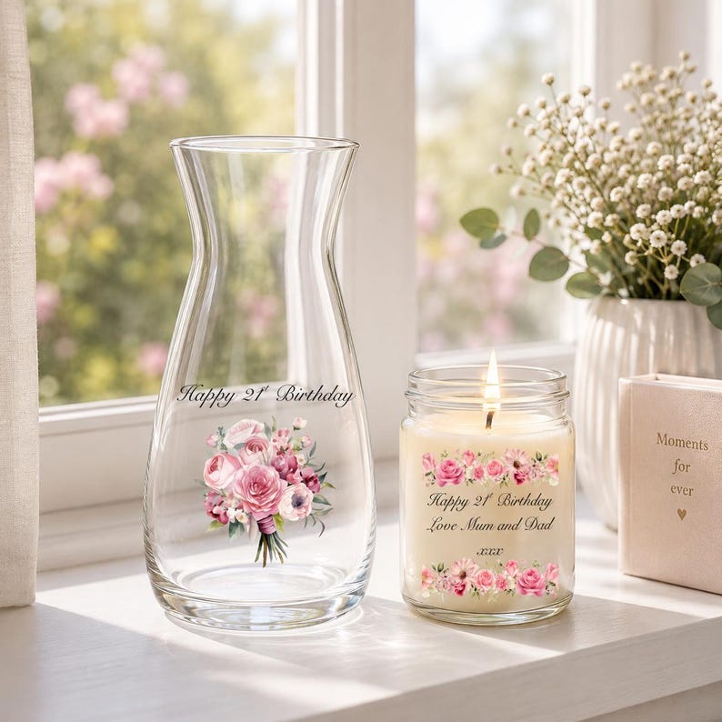 May include: A clear glass vase and a scented candle in a glass jar. The vase features a pink floral bouquet graphic and the text Happy 21st Birthday. The candle has a floral border, the text Happy 21st Birthday Love Mum and Dad xxx.