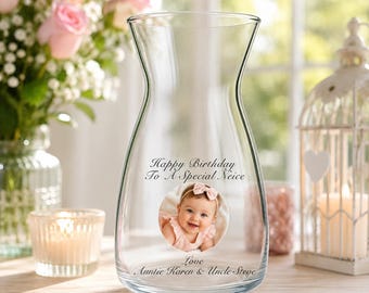 Personalised Photo Glass Vase | Custom Birthday Gift for Mum, Nan or Friend | Photo Flower Vase