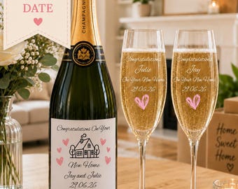 New Home Champagne Gift Set | Personalised Bottle Label & 2 Flutes | Housewarming Gift
