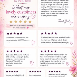May include: A customer review graphic for Crafted by Primrose featuring pink floral accents and gold hearts. The text reads What my lovely customers are saying, followed by multiple five-star reviews praising the quality, service, and packaging.