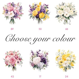 Pode incluir: Buqu&ecirc;s em aquarela em v&aacute;rias cores, incluindo rosa, amarelo, roxo e branco. Cada buqu&ecirc; &eacute; numerado. O texto "Choose your colour" est&aacute; escrito em it&aacute;lico abaixo.