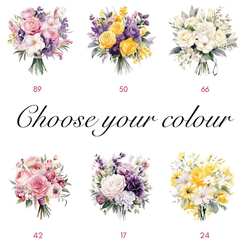 Pode incluir: Buqu&ecirc;s em aquarela em v&aacute;rias cores, incluindo rosa, amarelo, roxo e branco. Cada buqu&ecirc; &eacute; numerado. O texto "Choose your colour" est&aacute; escrito em it&aacute;lico abaixo.