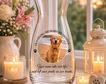 Personalised Pet Memorial Glass Vase, Dog Memorial Gift, Photo Pet Loss Keepsake, In Loving Memory Vase, Bereavement Gift