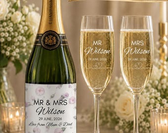 Personalised Champagne Gift Set | Custom Bottle Label and 2 Flutes | Wedding, Engagement or Anniversary Gift | Names & Date