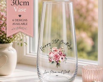 Large 30cm Personalised Birthday Glass Vase | Custom Name & Age | Milestone Birthday Gift