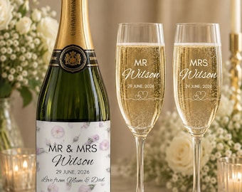 Wedding, Engagement and Anniversary Gift | Personalised Champagne Gift Set | Personalised Gift Box, 2 Champagne Flutes & Custom Bottle Label