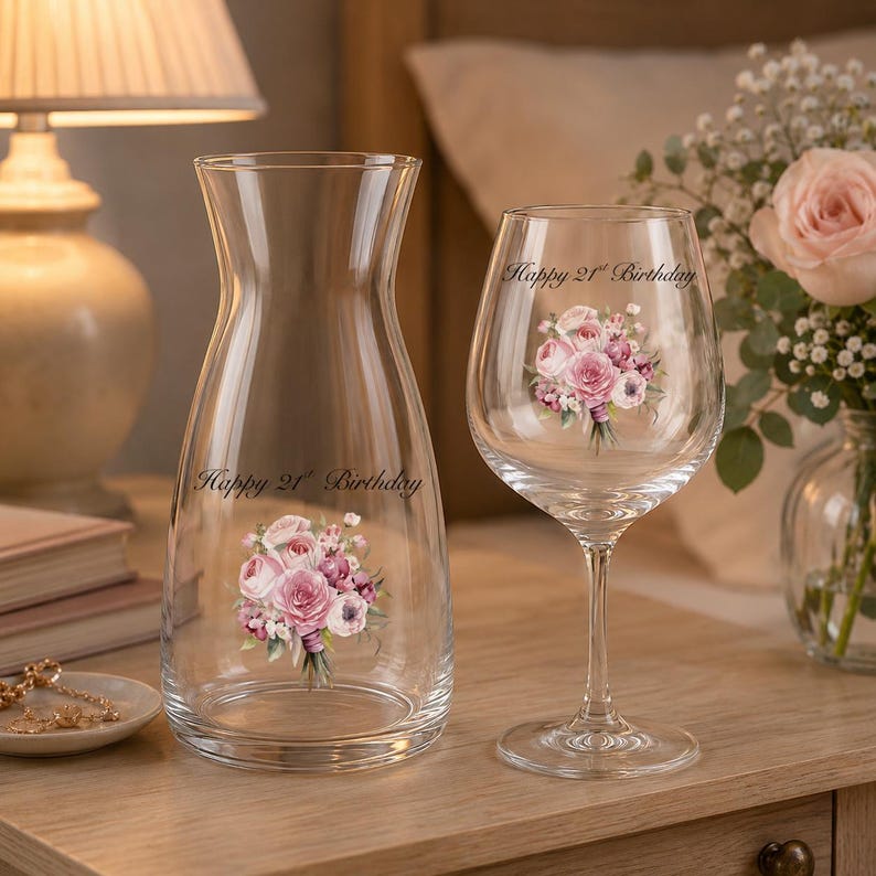 May include: A clear glass carafe and a matching wine glass, both featuring a printed bouquet of pink roses and the text Happy 21st Birthday. The carafe has a tapered neck and a wide base, while the wine glass stands on a slender stem.