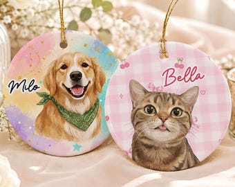 Custom Pet Portrait Christmas Ornament, Personalized Dog Cat Portrait Ornament, Pet Memorial Ceramic Keepsake Ornament