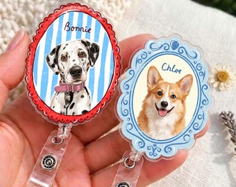 Custom Pet Badge Reel, Dog Portrait Watercolor Retractable Badge Clip, Nurse ID Badge Reel, Work Accessory Gift for Vet Tech
