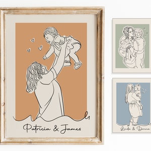 May include: Three framed line drawings of mothers and children. The first frame has an orange background and shows a mother holding a child up in the air. The second frame has a green background and shows a mother and child hugging. The third frame has a blue background and shows a mother holding a child in her arms. The first frame is labeled "Patricia & James", the second frame is labeled "Linda & Donna", and the third frame is labeled "Linda & Donna".