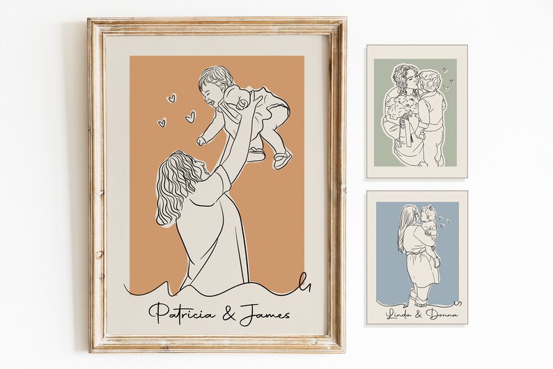 May include: Three framed line drawings of mothers and children. The first frame has an orange background and shows a mother holding a child up in the air. The second frame has a green background and shows a mother and child hugging. The third frame has a blue background and shows a mother holding a child in her arms. The first frame is labeled "Patricia & James", the second frame is labeled "Linda & Donna", and the third frame is labeled "Linda & Donna".