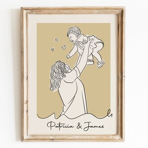 May include: A line drawing of a woman holding a child up in the air. The woman has long hair and is wearing a dress. The child is smiling and has short hair. The background is a light yellow color. The text "Patricia & James" is at the bottom of the image.