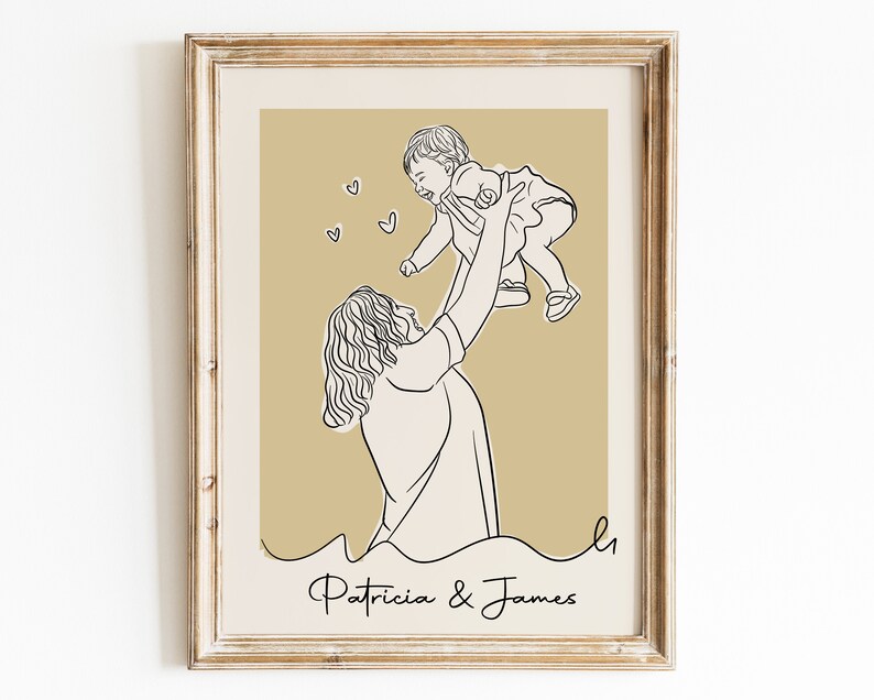 May include: A line drawing of a woman holding a child up in the air. The woman has long hair and is wearing a dress. The child is smiling and has short hair. The background is a light yellow color. The text "Patricia & James" is at the bottom of the image.