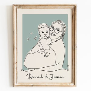 May include: Line art illustration of a woman holding a baby. The woman is wearing glasses and smiling. The baby is looking at the viewer. The background is a light blue color. The text "Daniel & Jessica" is at the bottom of the image.
