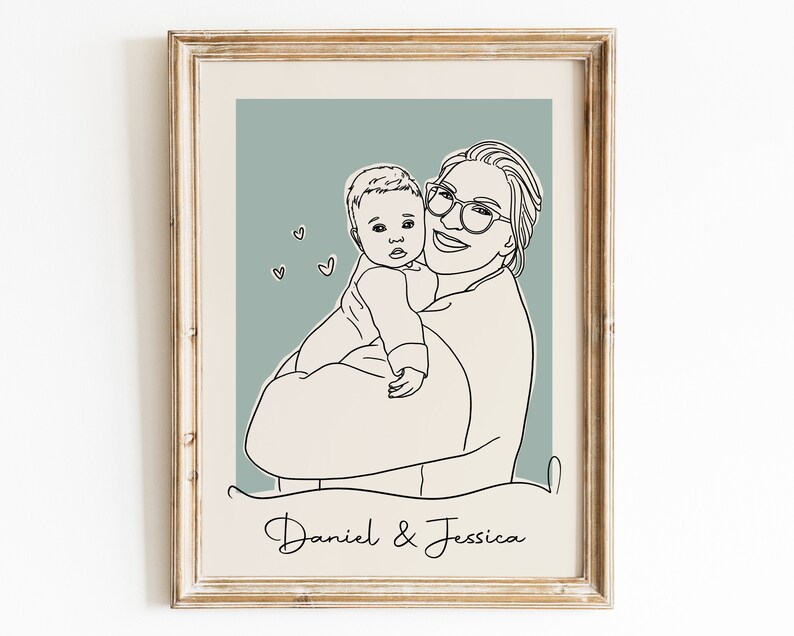 May include: Line art illustration of a woman holding a baby. The woman is wearing glasses and smiling. The baby is looking at the viewer. The background is a light blue color. The text "Daniel & Jessica" is at the bottom of the image.