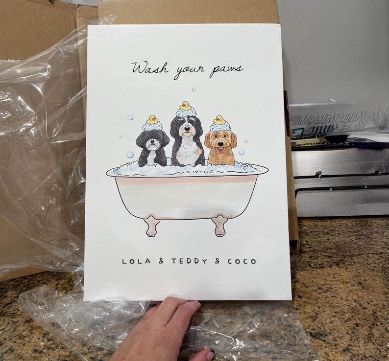 Custom Pet Bathroom Wall Art, Dog Bathtub Portrait From Photo, Wash Your Paws Print, Funny Powder Room Decor, Personalized Dog Poster Gift image 2