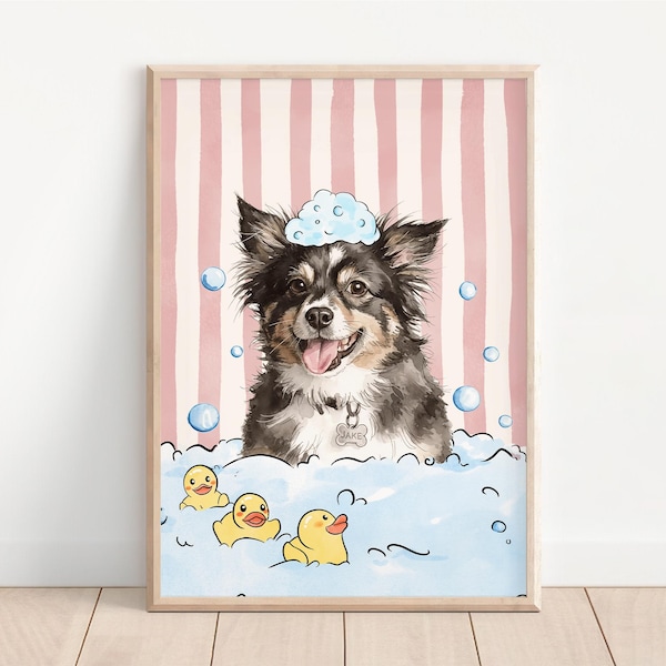 Custom Pet Portrait, Funny Dog Bathroom Print, Pet in Bathtub, Bathroom Wall Art