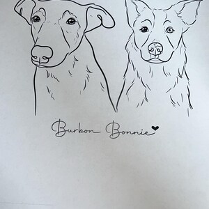 May include: Line drawing of two dogs, Bourbon and Bonnie, with their names written below. The dogs are facing forward with their heads tilted slightly to the side.