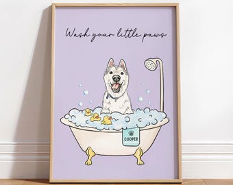 Custom Dog in Bathtub Portrait From Photo, Pet Bathroom Portrait, Wash Your Paws Print, Funny Powder Room Decor, Dog Bathtub Poster