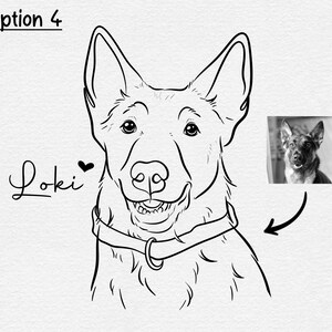 May include: Line art drawing of a dog named Loki, with a heart symbol next to the name. The dog is wearing a collar and has a happy expression.