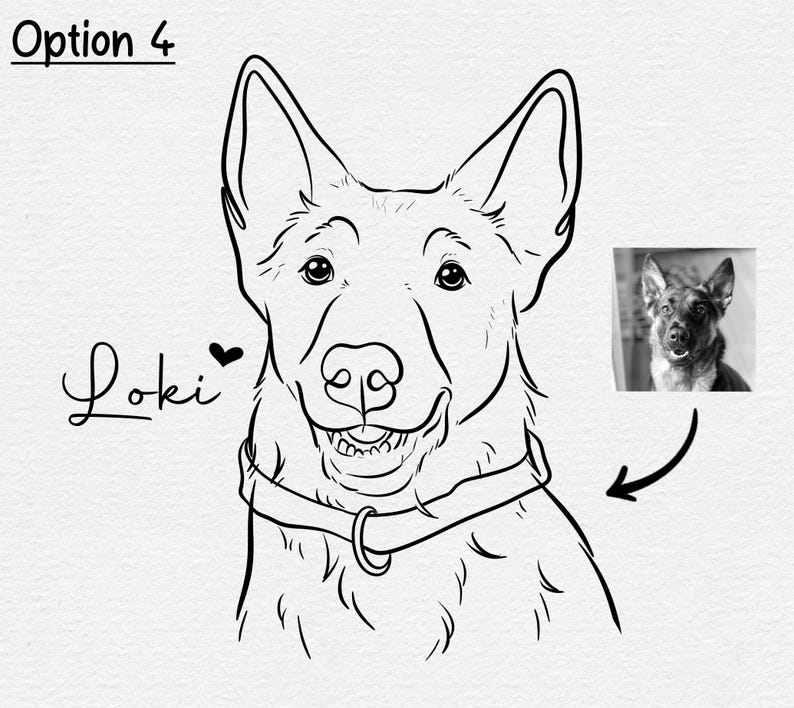 May include: Line art drawing of a dog named Loki, with a heart symbol next to the name. The dog is wearing a collar and has a happy expression.