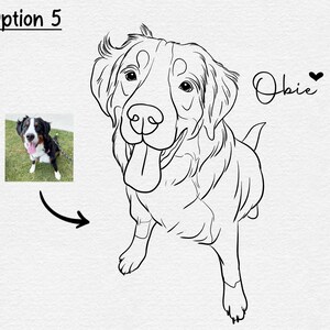 May include: Line drawing of a Bernese Mountain Dog with its tongue sticking out. The dog is named Obie.