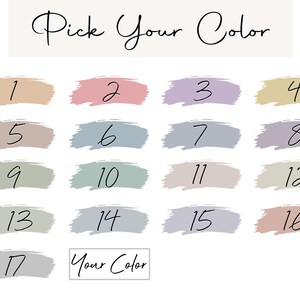 May include: A chart with 17 color swatches, numbered 1 through 17. The swatches are in various shades of pink, beige, gray, and green. The text "Pick Your Color" is at the top of the chart.