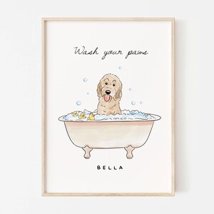 Custom Pet Bathroom Wall Art, Dog Bathtub Portrait From Photo, Wash Your Paws Print, Funny Powder Room Decor, Personalized Dog Poster Gift image 3