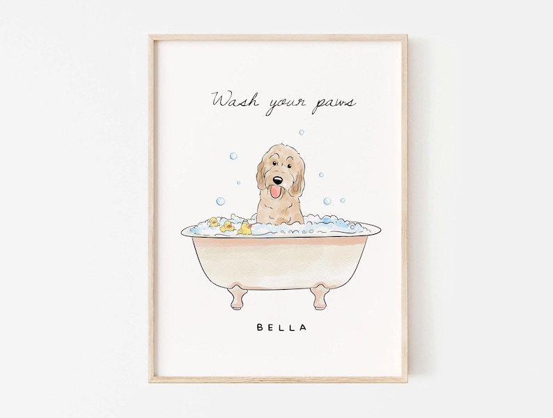 Custom Pet Bathroom Wall Art, Dog Bathtub Portrait From Photo, Wash Your Paws Print, Funny Powder Room Decor, Personalized Dog Poster Gift image 3
