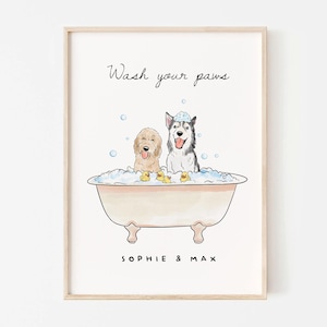 Custom Pet Bathroom Wall Art, Dog Bathtub Portrait From Photo, Wash Your Paws Print, Funny Powder Room Decor, Personalized Dog Poster Gift image 1