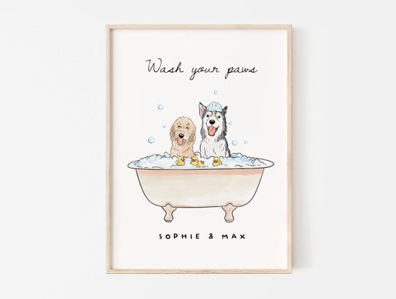 Custom Pet Bathroom Wall Art, Dog Bathtub Portrait From Photo, Wash Your Paws Print, Funny Powder Room Decor, Personalized Dog Poster Gift