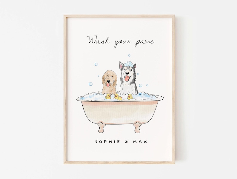 Custom Pet Bathroom Wall Art, Dog Bathtub Portrait From Photo, Wash Your Paws Print, Funny Powder Room Decor, Personalized Dog Poster Gift image 1