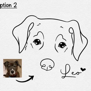 May include: Line drawing of a dog's head with the name Leo and a heart below. The drawing is in black and white. A photo of a brown and black dog is in the corner of the image.